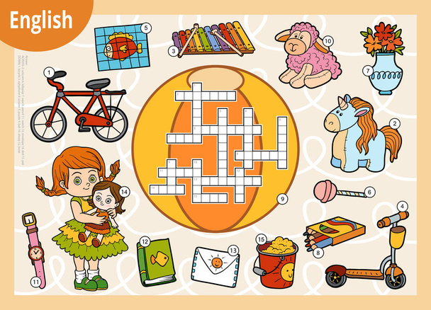 Vector kleurrijke kruiswoordraadsel in het Engels, onderwijs spel voor kinderen. Cartoon set van speelgoed en voorwerpen voor meisje - Vector, afbeelding