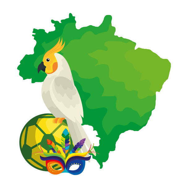 mapa Brazílie s papouškem a ikonami tradičně - Vektor, obrázek