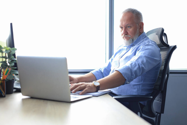Senior üzletember egy stílusos rövid szakálla dolgozó laptop számítógépen az irodájában. - Fotó, kép