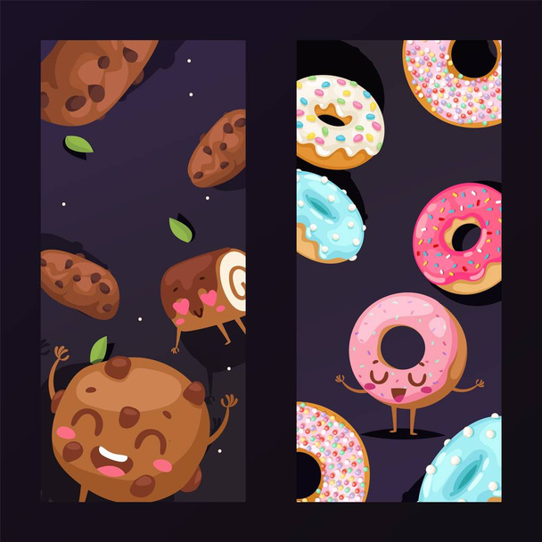 Bakkerij banner met grappige cookie mascotte stripfiguur, vector illustratie - Vector, afbeelding