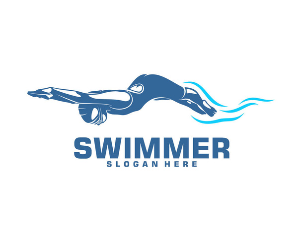 Yüzme logosu tasarım vektörü, Yaratıcı Yüzücü logo taşıyıcısı - Vektör, Görsel