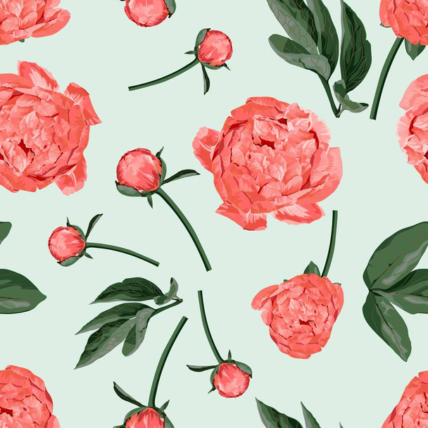 Floral Seamless Pattern with Coral Orange Peonies and leaves. Spring Blooming Flowers on Vintage blue Background. - ベクター画像