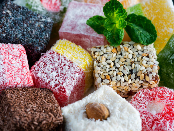 Turkish delight close up. Turkish deligh set. Assorted traditional turkish delight as background - Zdjęcie, obraz