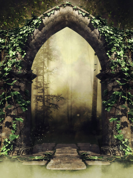Oude gotische stenen poort met klimop die leidt naar een donker bos in een mistig landschap. 3d renderen. - Foto, afbeelding