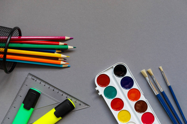 Stationery for students, students on a grey background. Ready for school - Photo, Image