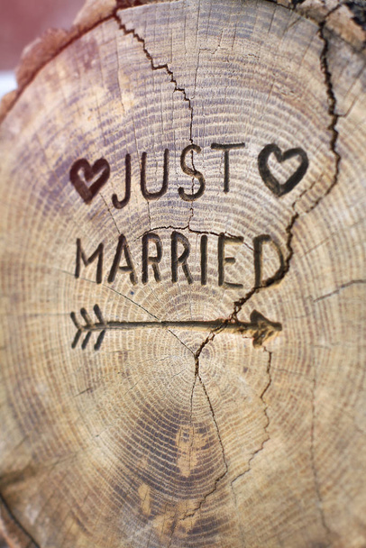 Yeni evlendim. Düğün süsü olarak ağaç kesimine yazılmış bir yazı. Meşe ağacında el yapımı dekoratif tahta. Davetiye tasarımın için fotoğraf. - Fotoğraf, Görsel