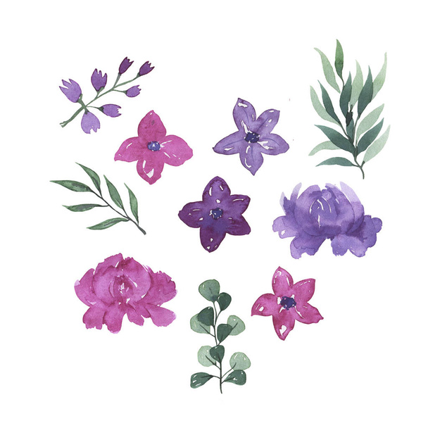 Set of doodle purple and violet flowers and green leaves isolated on white background. Hand drawn watercolor illustration. - Foto, Bild