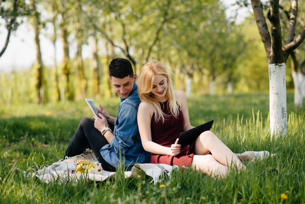 Beautiful couple spend time in a summer park - 写真・画像