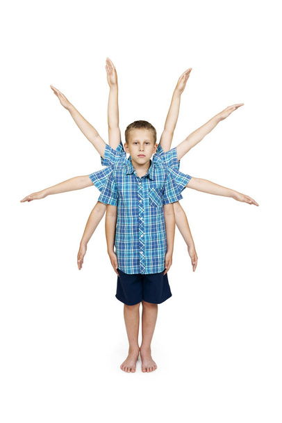 image montage of a 10-year-old boy with arms folded in blue plaid shirt,shorts,barefoot on white background. - Foto, Bild