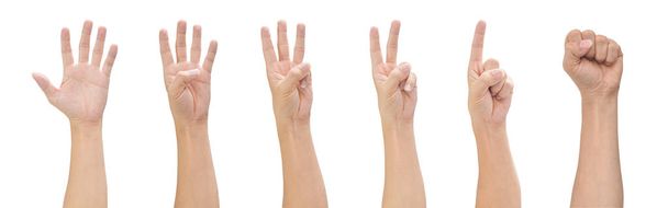 Χέρι απομονωμένο σε λευκό φόντο, το χέρι μετράει από το μηδέν μέχρι το πέντε. με διαδρομή αποκοπής - Φωτογραφία, εικόνα