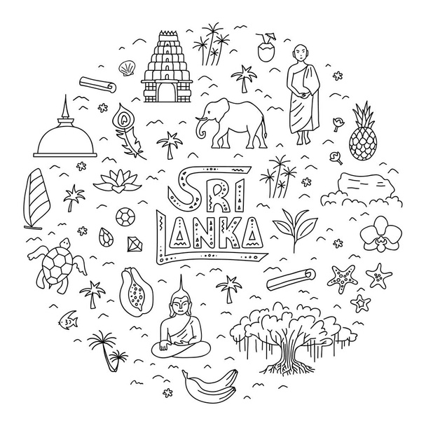Lineaire cirkelkaart van Sri Lanka met letters en basissymbolen van het land. Vector. - Vector, afbeelding