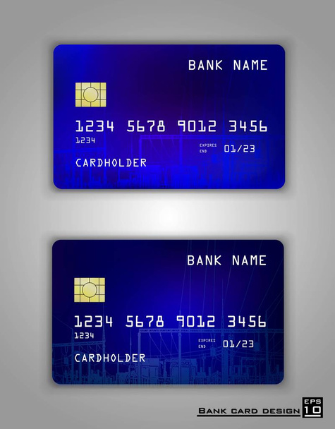 Set vettoriale Realistic credit bank card mockup. Modello pendente blu. Circuito centrale elettrica, illustrazione tecnologica - Vettoriali, immagini