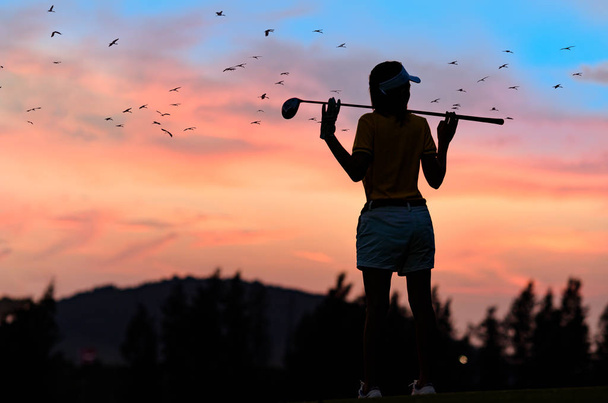силует жінки-гольфу в дії релікси і насолоджуватися після удару м'ячем для гольфу на прогулянку в поле для гольфу на заході сонця
 - Фото, зображення