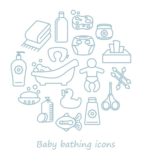 Kąpiel i opieka nad dziećmi. Ikony linii w kształcie okręgu - Wektor, obraz