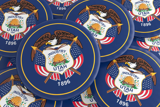 Yhdysvaltain valtion painikkeet: Pile of Utah lippu merkit 3d kuva
 - Valokuva, kuva