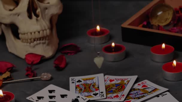Magic scene, Mystical atmosphere, view of cards on the table, esoteric concept. - Footage, Video