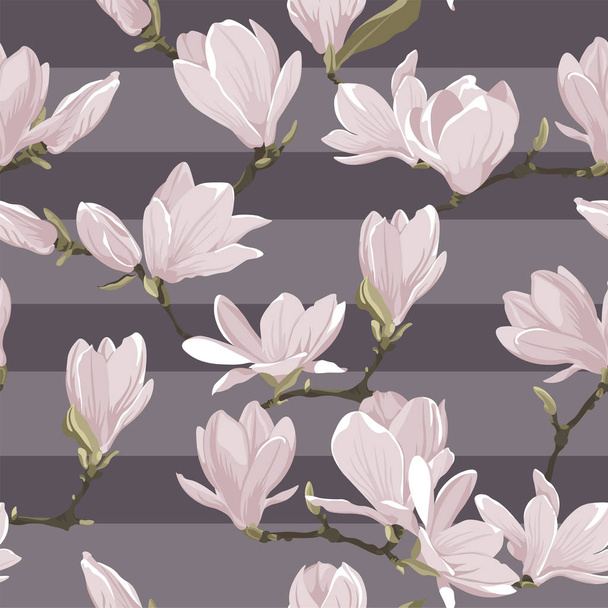 Vector floral seamless pattern of magnolia set. Floral pink images on a violet striped background. Textile design elements - Vector, Imagen