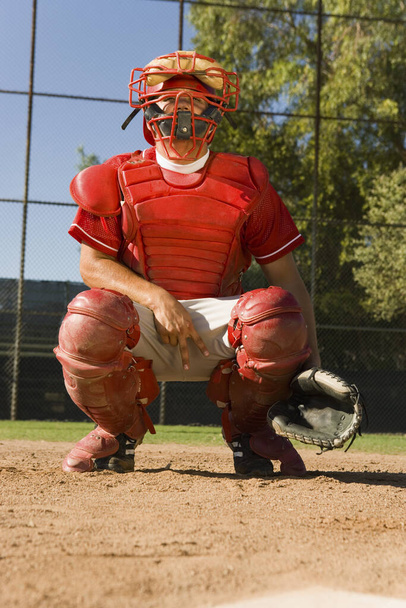 Baseball catcher crouches as gestures a hand sign - 写真・画像