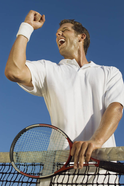 Low angle view of mid adult male tennis player celebrating success - Foto, Imagen