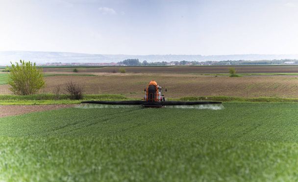 Búzát permetező traktor a mezőn - Fotó, kép