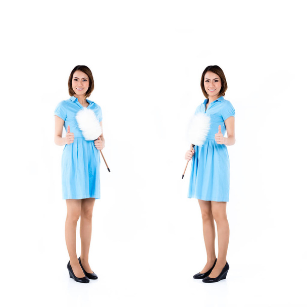 Asian housekeeper or hotel maid, compositing of two scenes, isolated on white background - Foto, Imagen