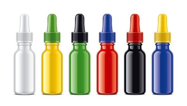 Set van gekleurde druppels flessen. Glanzende oppervlakteversie. - Foto, afbeelding