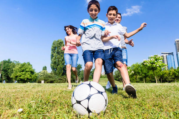 Latem rodzina gra w piłkę nożną lub piłkę nożną w parku - Zdjęcie, obraz