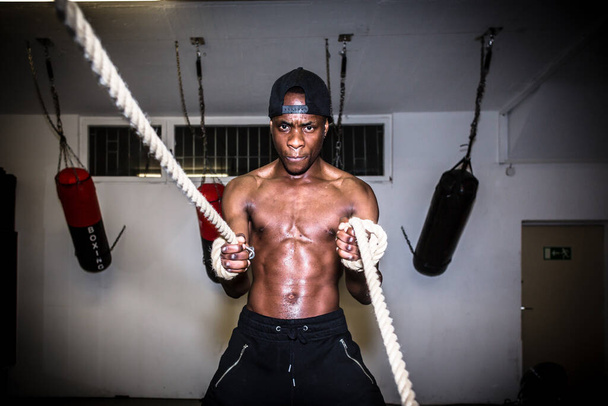 Portrait of young determined man waving battle ropes during high-intensity training indoors - Foto, imagen