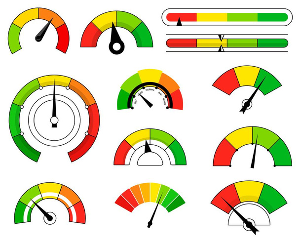 Набор разноцветной шкалы мультфильмов со стрелкой на белом фоне
 - Вектор,изображение