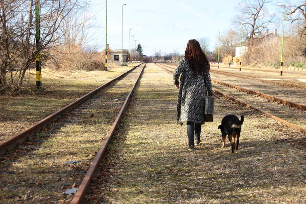 Köpek ve kadın demiryolunda. - Fotoğraf, Görsel