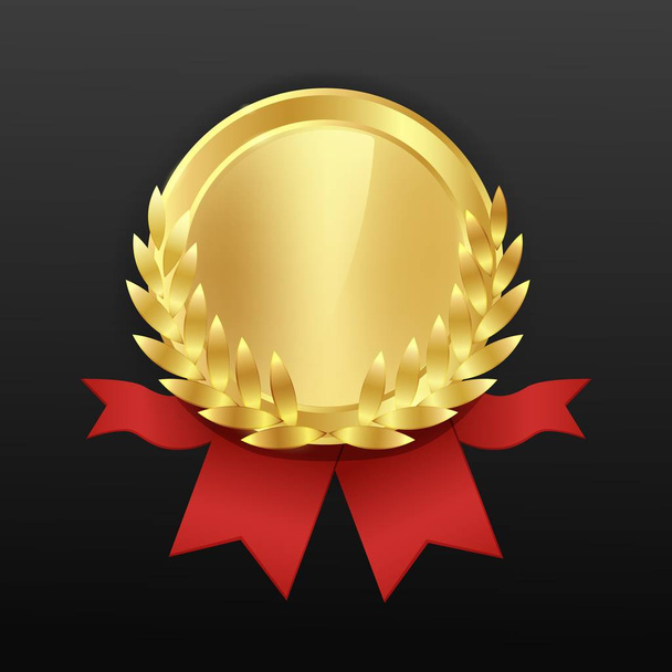 Gold round medal with a red ribbon and a wreath. - Vetor, Imagem