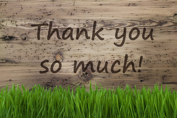 English Text Thank You So Much. Spring Season Greeting Card. Aged Wooden Background With Gras. - Fotoğraf, Görsel
