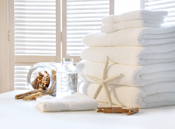 Fluffy white towels on table - Photo, Image