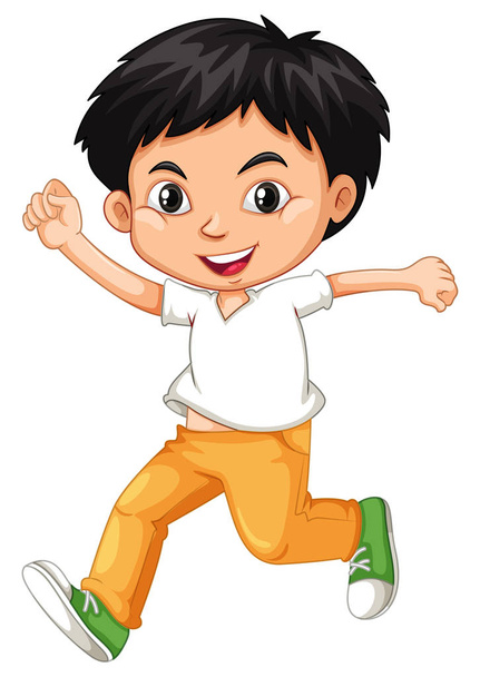 白い背景を走る白いシャツの幸せな男の子 - ベクター画像