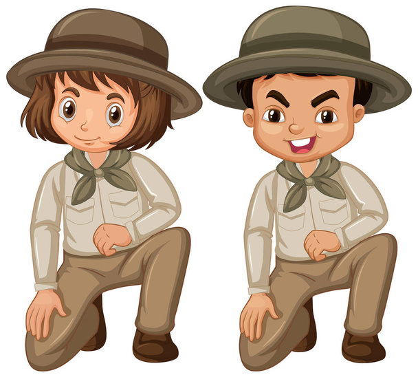 Menino e menina em uniforme de olheiro no fundo branco - Vetor, Imagem