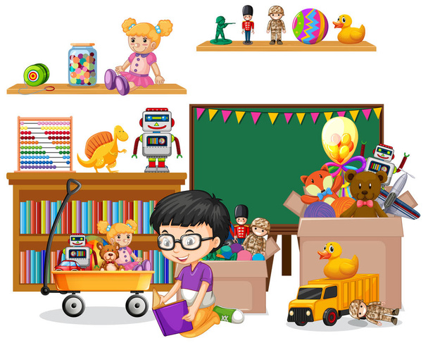 Prateleira cheia de livros e brinquedos sobre fundo branco - Vetor, Imagem