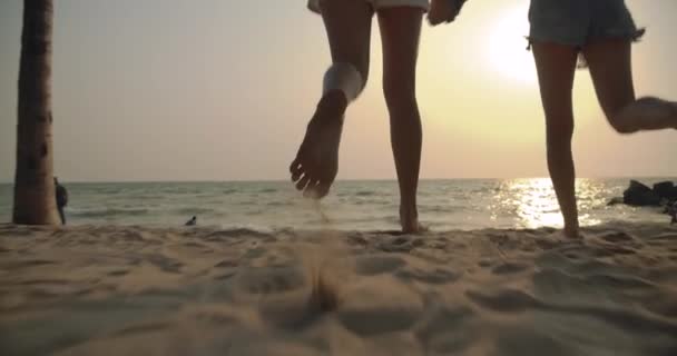 Φακός φωτοβολίδα, Αργή κίνηση: Κοντινό πλάνο Γυναίκες φίλοι τρέχει απολαμβάνουν το παιχνίδι της ζωής και την ελευθερία παραλία στο ηλιοβασίλεμα, Ελκυστική μαζί της Ασίας θηλυκό ταξιδιώτη με τους φίλους τους ανθρώπους τρόπο ζωής. 4K UHD. - Πλάνα, βίντεο