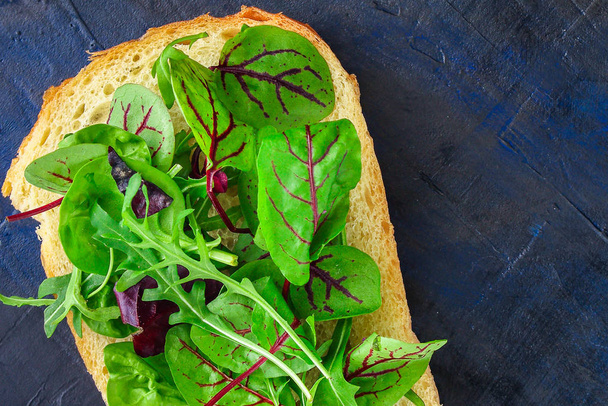 Сэндвич листья смеси салат микрозеленый (вкусные закуски, вегетарианские) концепции меню. Предыстория. вид сверху. сохранить копию
 - Фото, изображение