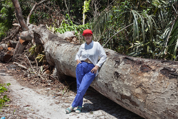 A woman in sportswear standing next to a huge fallen tree in the jungle. World tourism, forests, subtropical jungles. - Фото, изображение