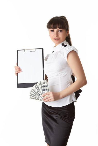 Businesswoman with money and clipboard on a white background. - Foto, Bild