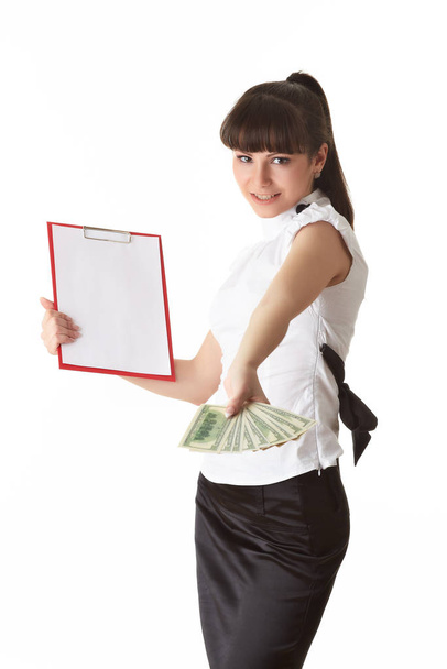 Businesswoman with money and clipboard on a white background. - Foto, Imagen