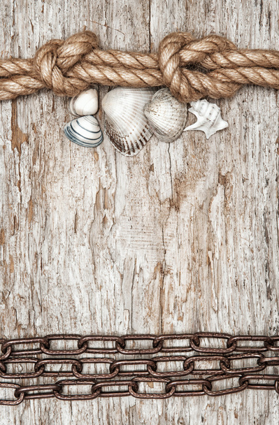Cadena metálica, cuerda de barco y conchas marinas en la madera vieja
 - Foto, Imagen
