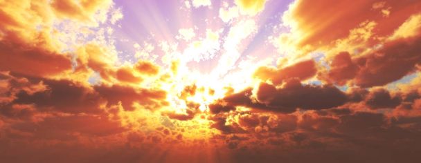 Sonnenuntergang / Sonnenaufgang mit Wolken, Lichtstrahlen und anderen atmosphärischen Effekten, 3D-Illustration - Foto, Bild