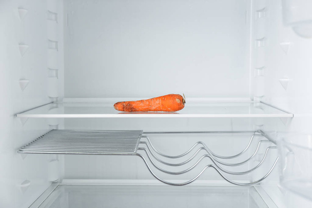 Old carrot on empty shelf in refrigerator - Foto, imagen