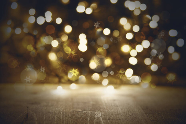 Golden Lights Texture With Bokeh Effect. Party, Disco Or Christmas Background WIth Wood. - Valokuva, kuva