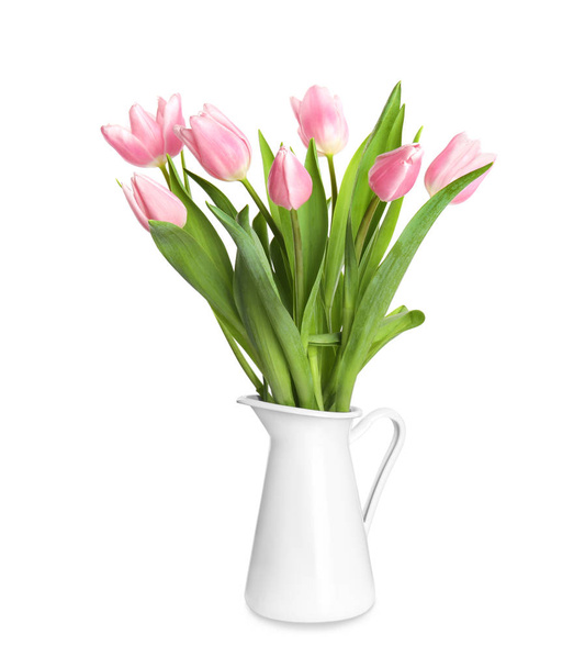Beautiful pink spring tulips in vase isolated on white - Foto, afbeelding
