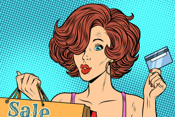 Sales woman with credit card. Pop art retro vector illustration - Foto, afbeelding