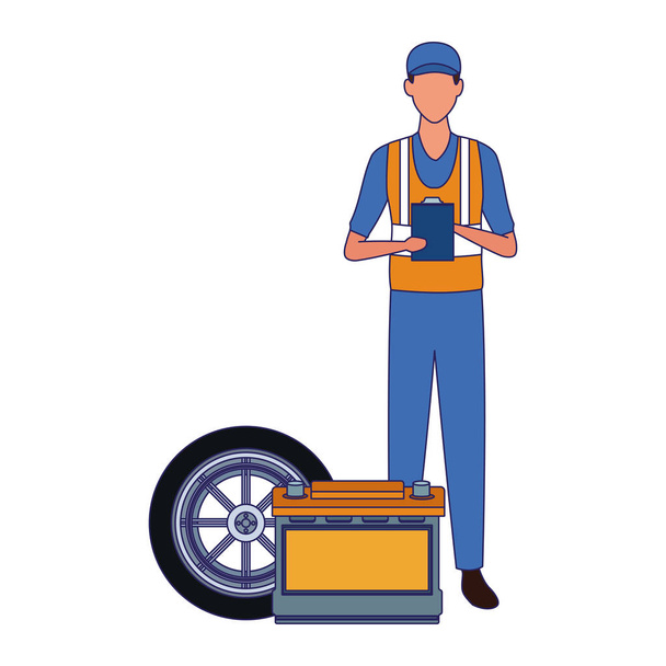 μηχανικός στέκεται με μπαταρία και το αυτοκίνητο ελαστικών - Διάνυσμα, εικόνα