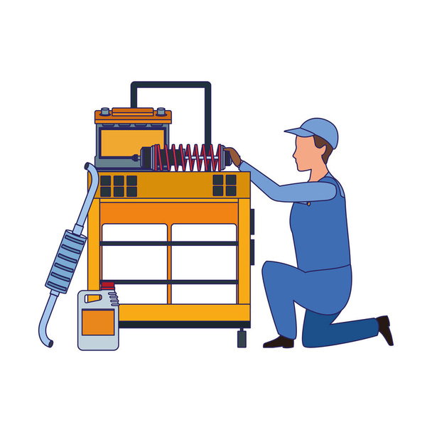 mechanic kneeling at tools trolley, colorful design - Vector, Image