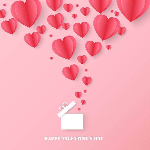 Papierschnitt roter Herzen, die aus einer Geschenkbox zum Valentinstag wehen - Vektor, Bild